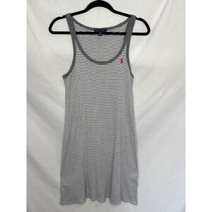 Y2K Ralph Lauren Women Gray White Striped Ribbed Tank Dress Medium Midi Logo GUC